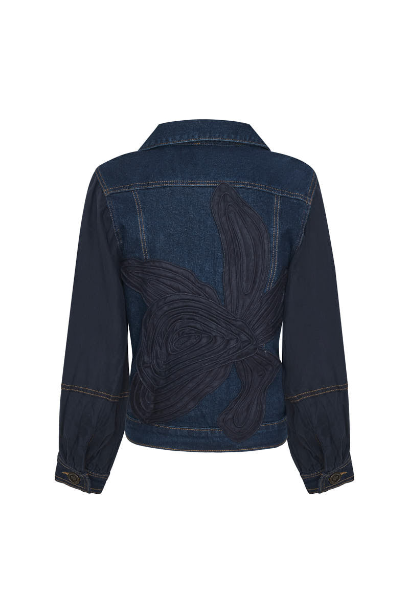 Indigo blue cattleya jacket with embroidery