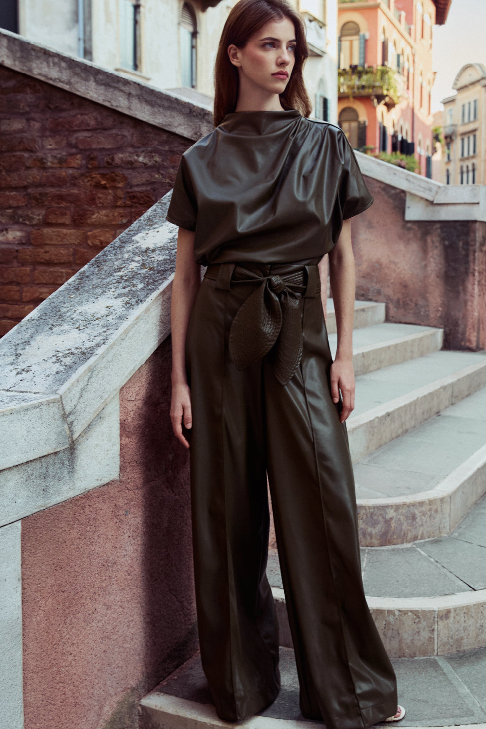New Paulette green faux leather trousers